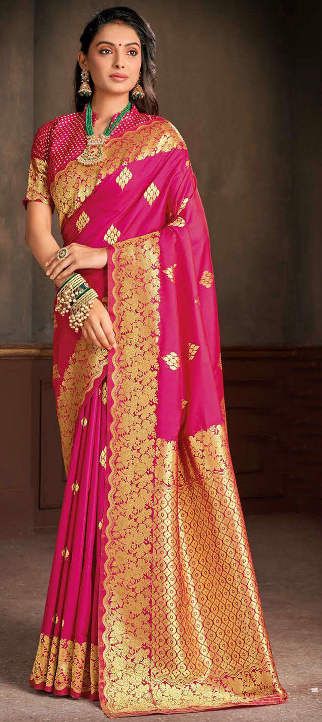 Cream and Hot Pink Woven Banarasi Silk Saree