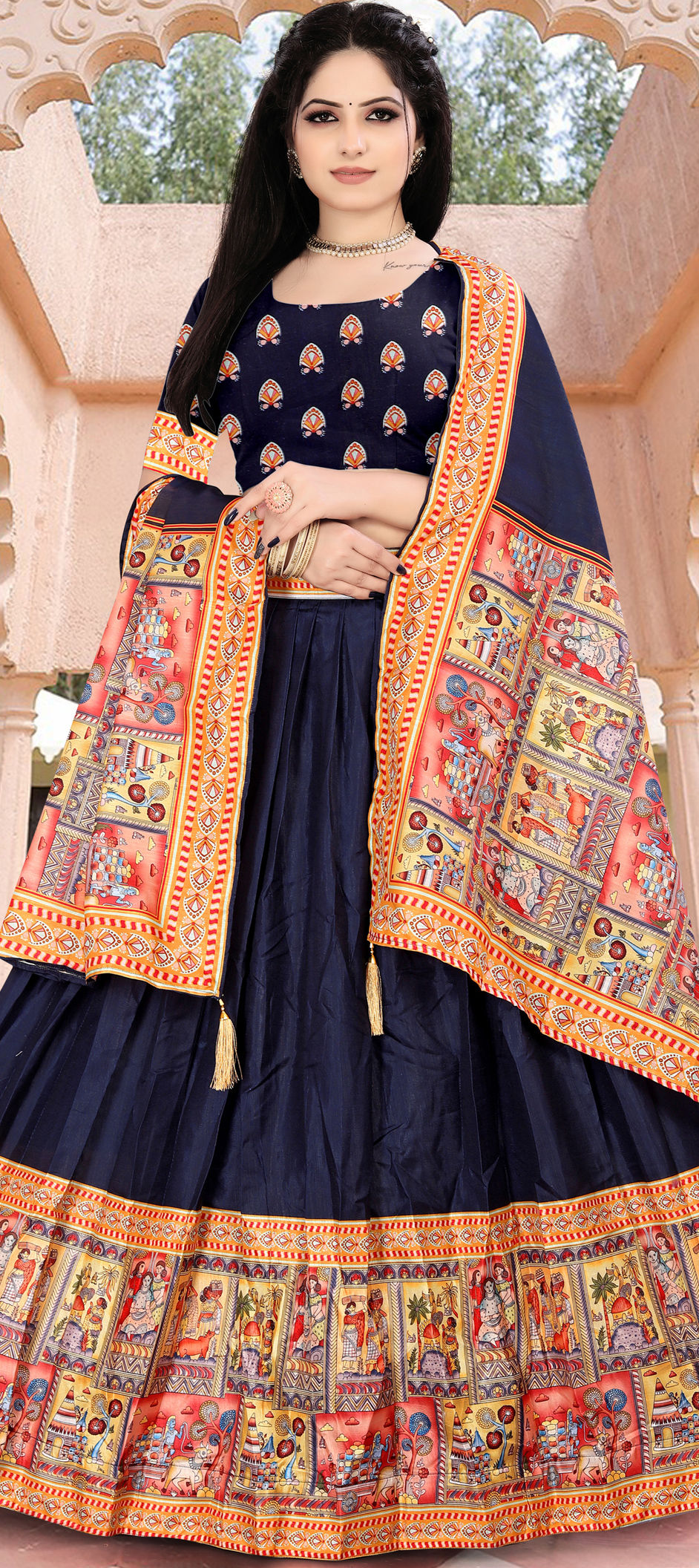 Buy Navy Blue and Orange Embroidered Work Designer Lehenga Choli Online