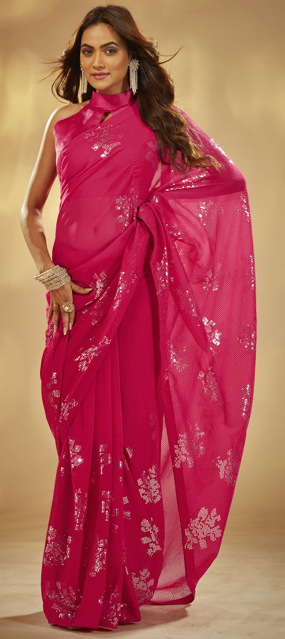 Trendmalls Women Pink Georgette Embroidery With Sequence Dimond Party Wear  Saree With Blouse - Trendmalls - 4181580