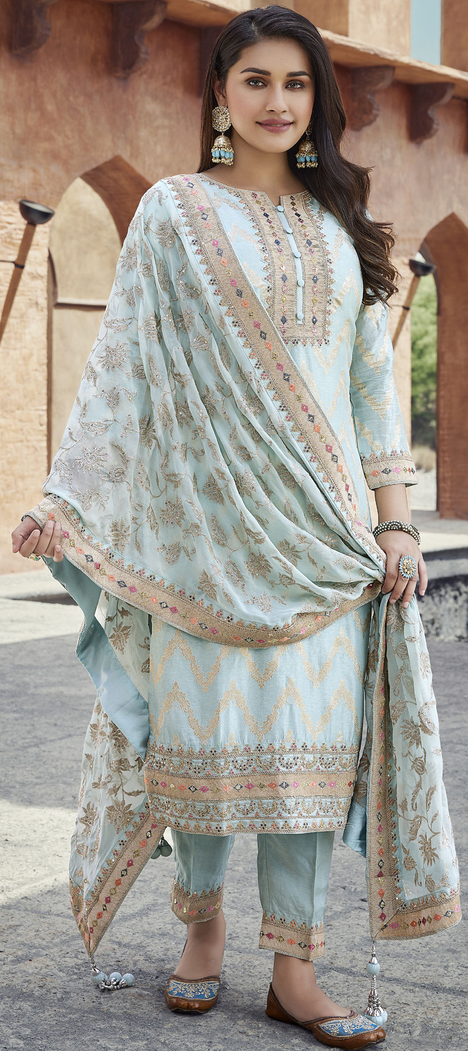 Buy Casual Wear Sky Blue Digital Printed Work Pashmina Salwar Suit Online  From Surat Wholesale Shop.