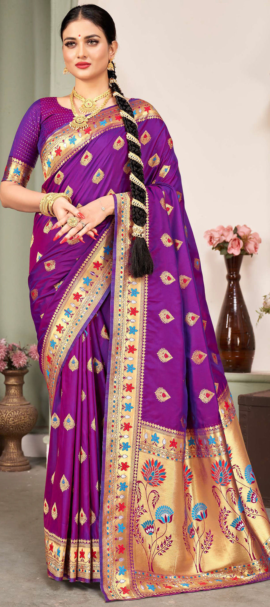 Banarasee Organza Mix Saree With Contrast Zari Border Design-Orange &