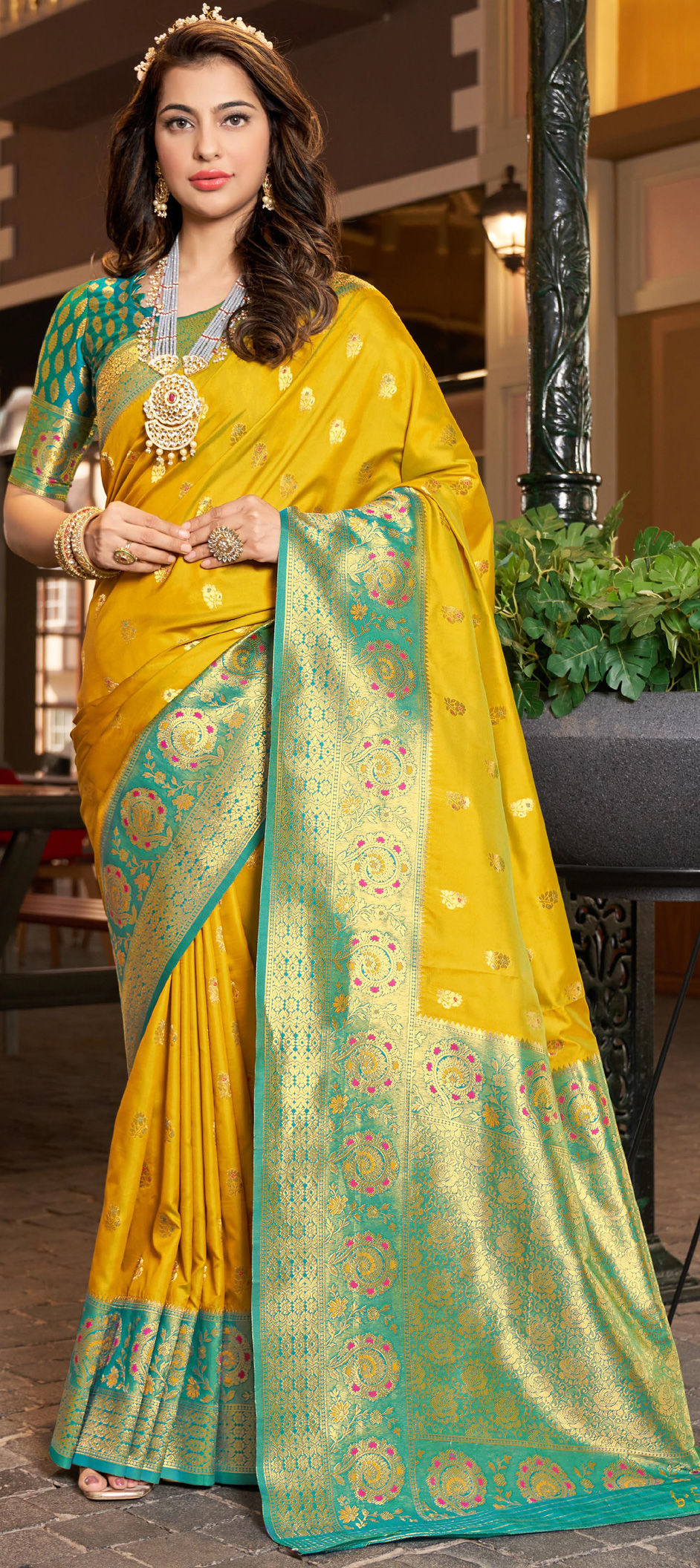 Yellow silk saree with blouse 13382