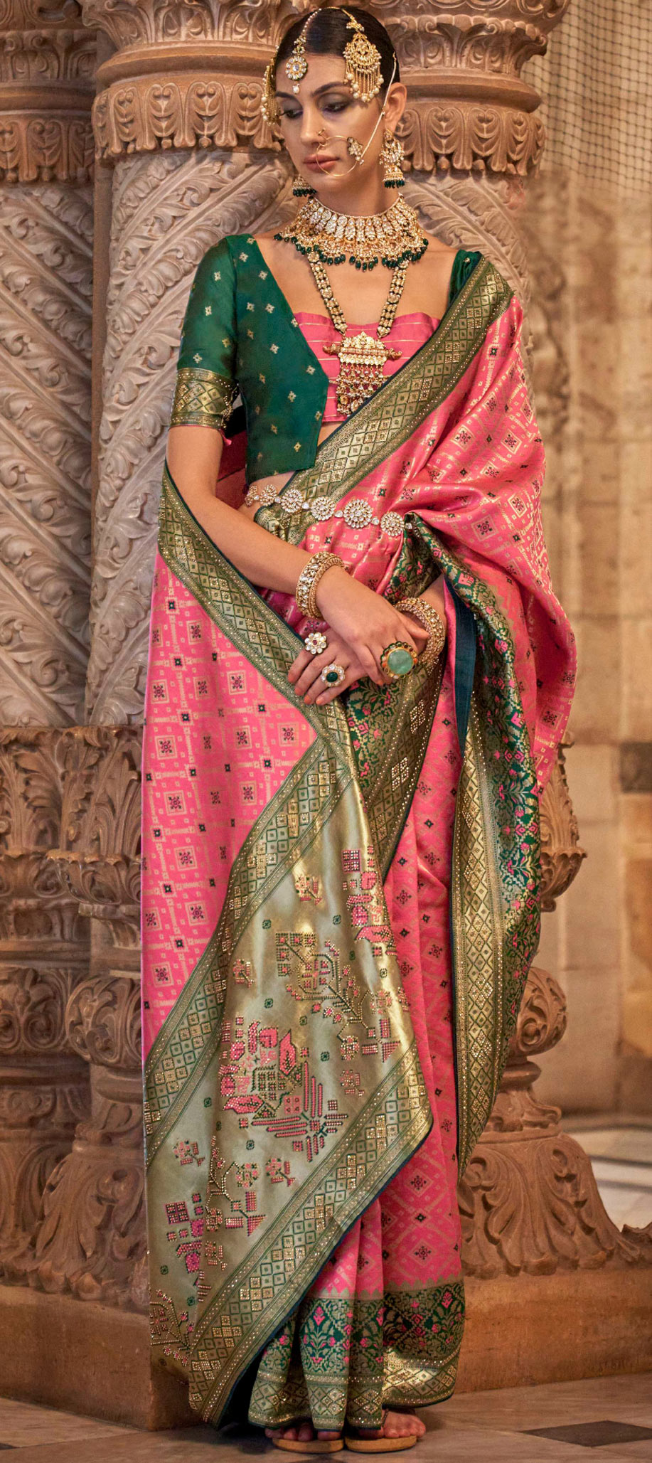 Ombre chiffon saree in Olive green and pink