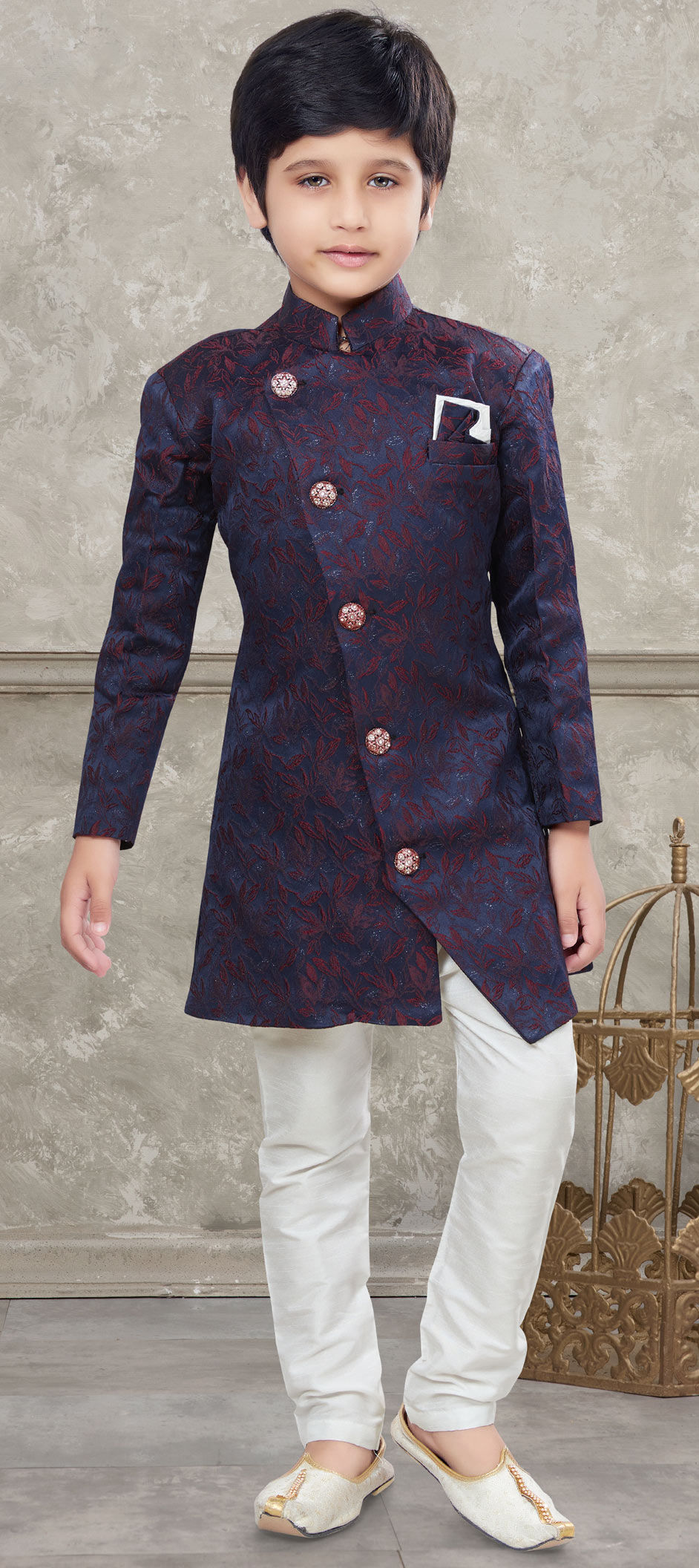 Boys Indo-western Dress in Navy Blue Jacquard With Black Churidar