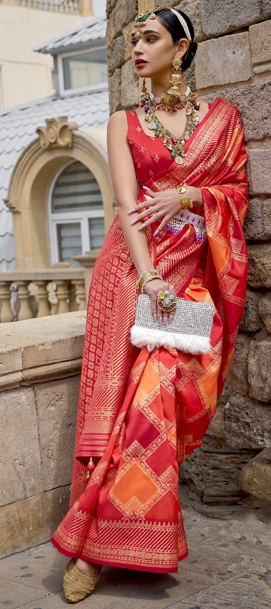 Engagement, Festive, Traditional Orange, Red and Maroon color Art Silk ...