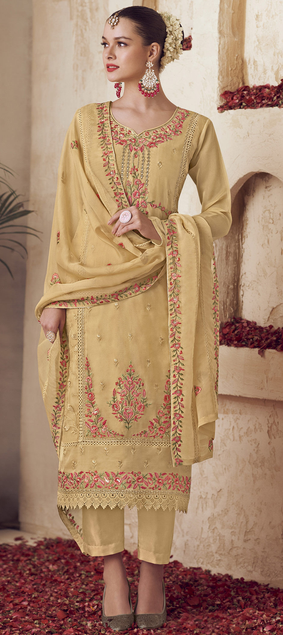 Party Wear Shimmer Silk Yellow Stone Work 3 Pcs Salwar Set - PSSS08 main image 1