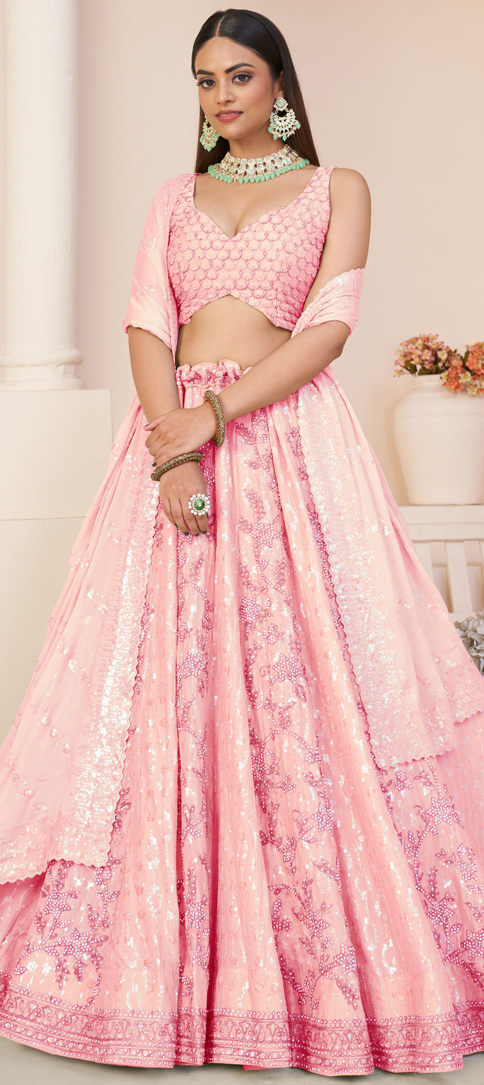 Bridal, Engagement, Reception, Wedding Pink and Majenta color Faux Georgette  fabric Lehenga : 1902429