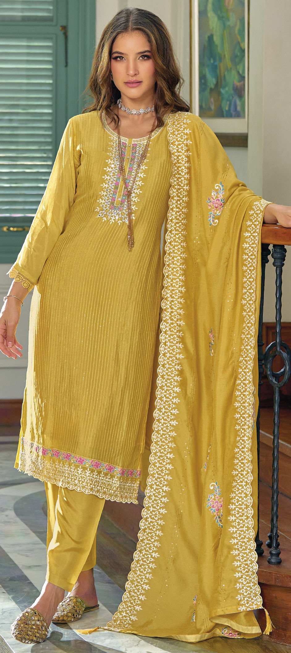 Party Wear Shimmer Silk Yellow Stone Work 3 Pcs Salwar Set - PSSS09 main image 0