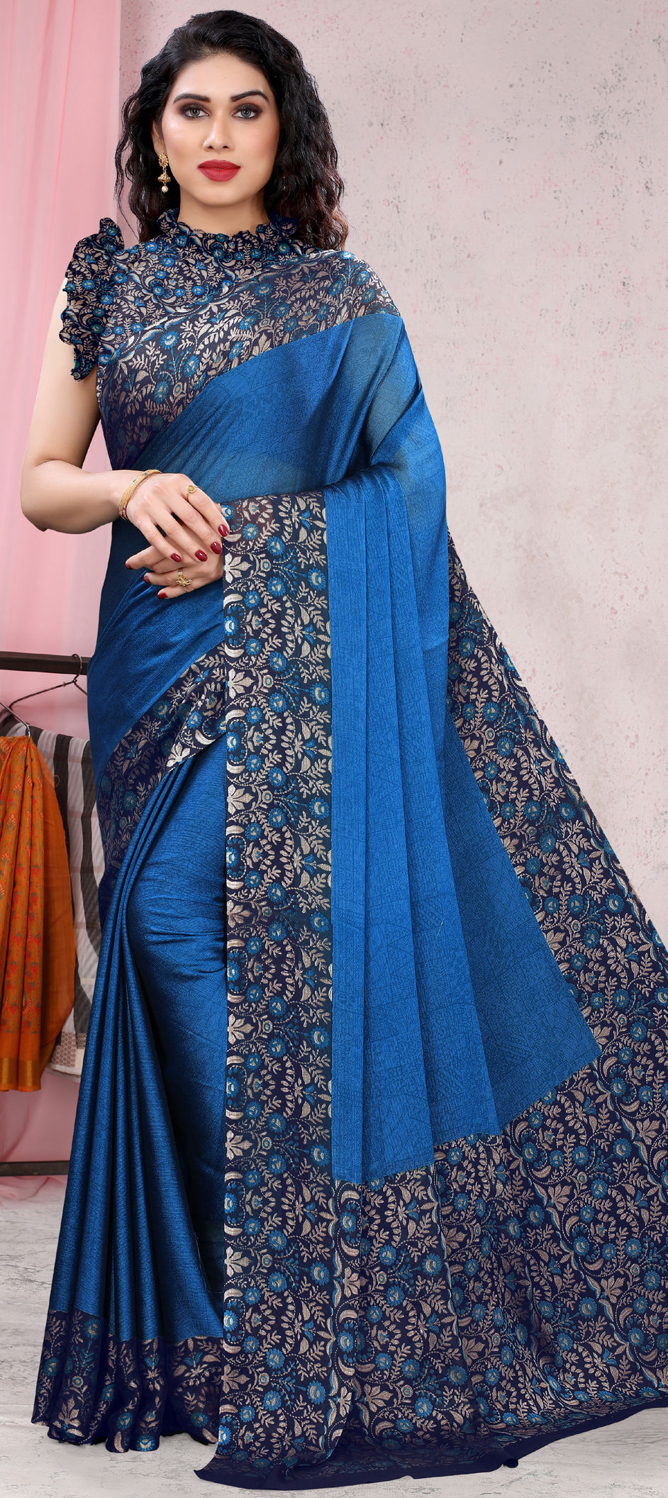 Party Wear Blue color Faux Chiffon fabric Saree 1903285