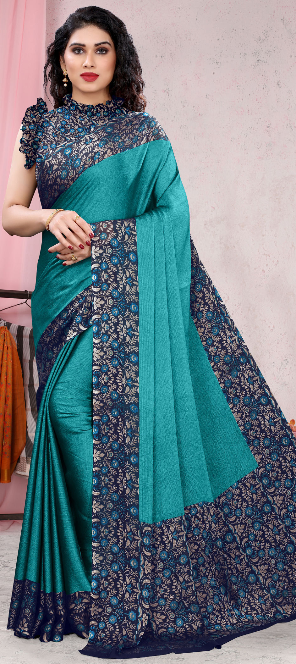 Party Wear Blue color Faux Chiffon fabric Saree 1903287