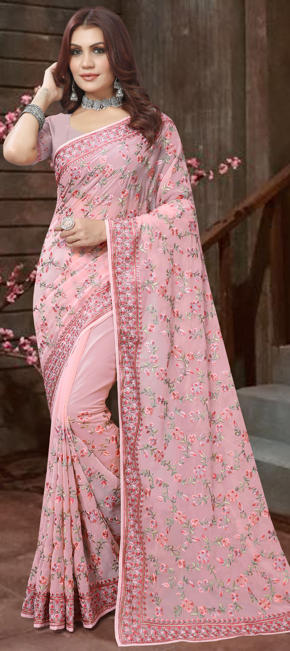 Georgette Pink Embroidered Saree with Blouse Piece, Saree Length: 5.5 m at  Rs 899 in Surat