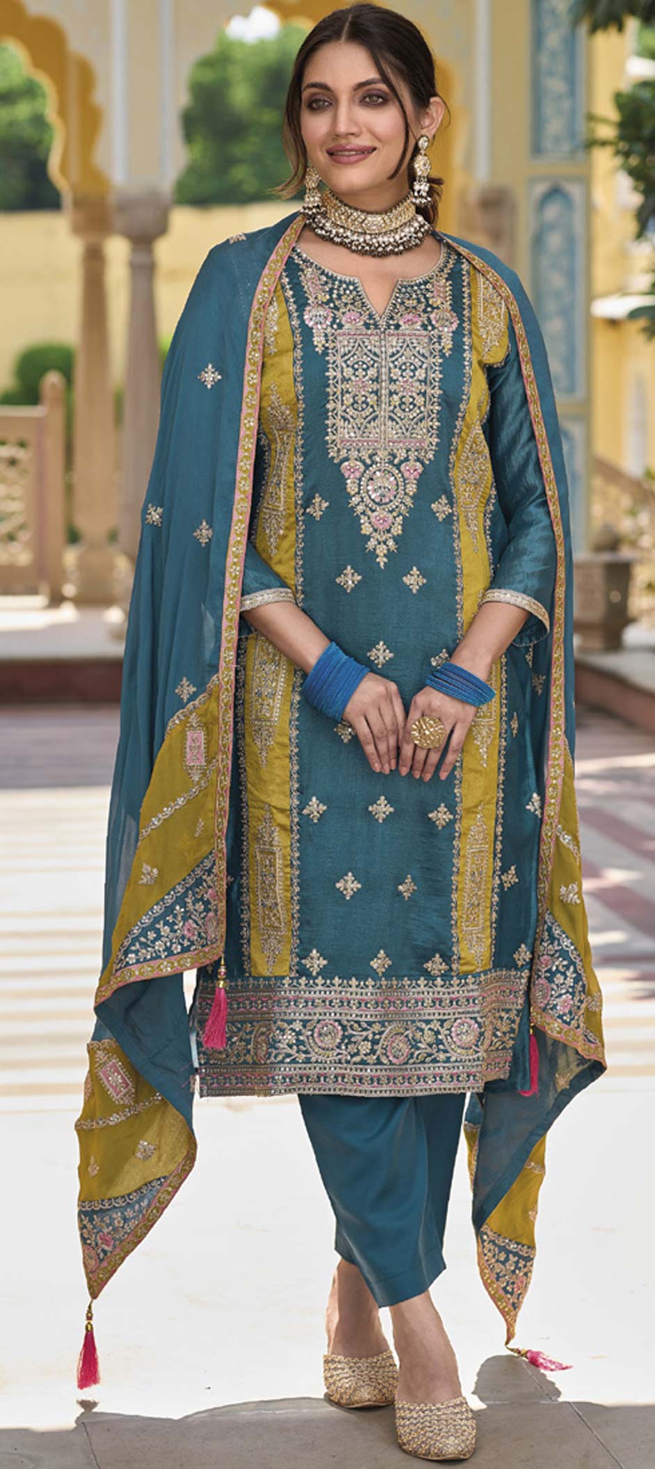 Tissue Silk Party Wear Salwar Suit (Golden)
