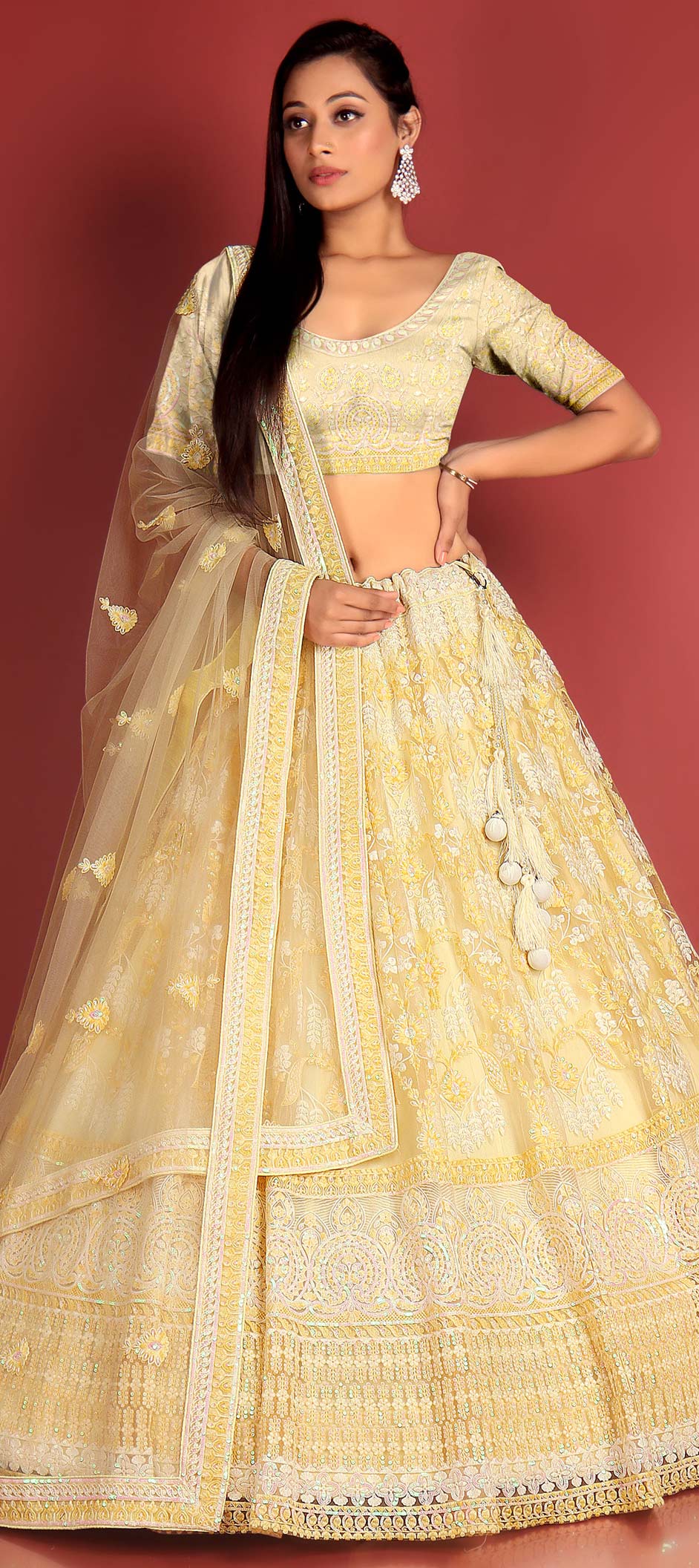 Multi Colored Flared Woven Lehenga in Georgette with Gota Patti Sequins and  Handwork