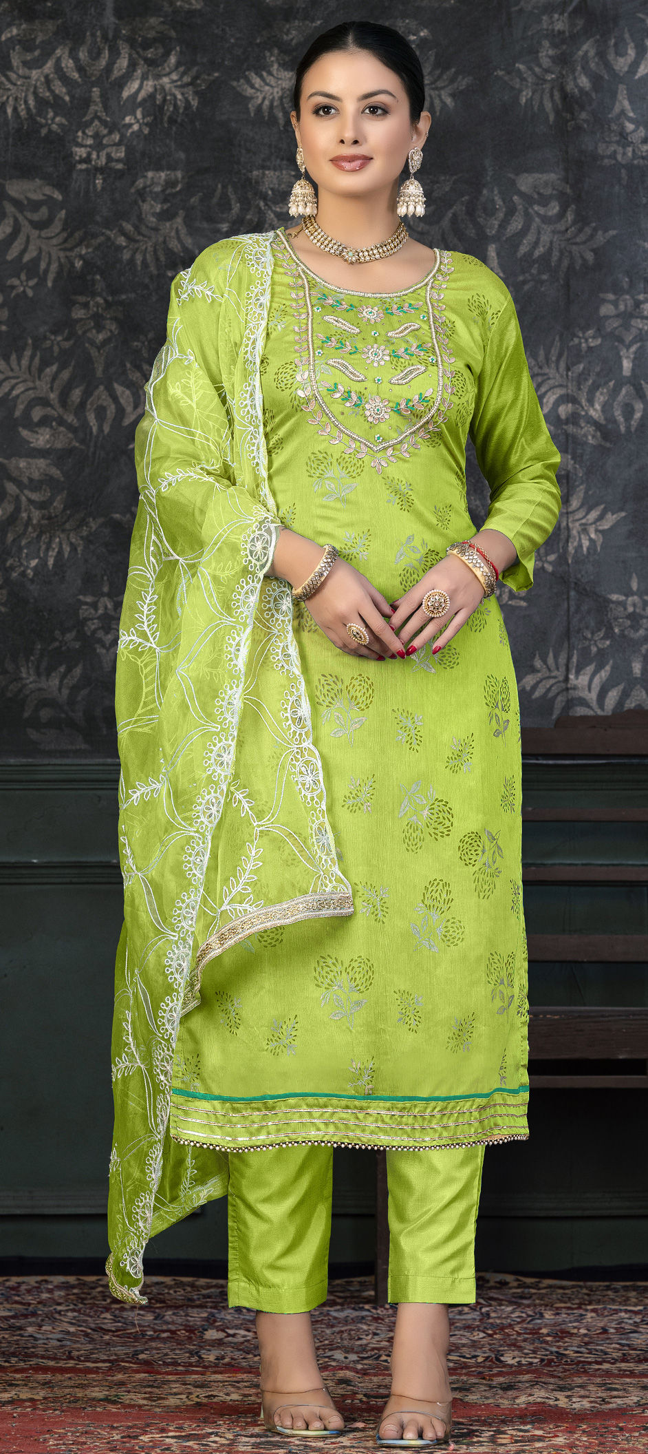 Sophisticated Green Organza Designer Party Wear Heavy Salwar Suit Collection With Green Santoon main image 1