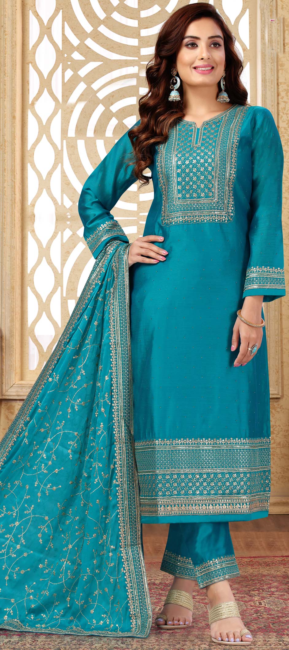 Turquoise Batik Cotton Silk Salwar kameez Dress material Ev04