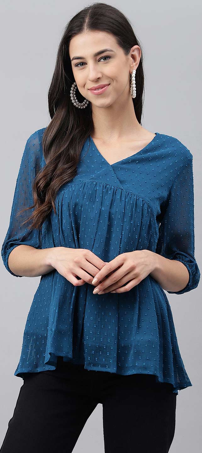 Summer Blue color Chiffon fabric Tops and Shirts 1906429