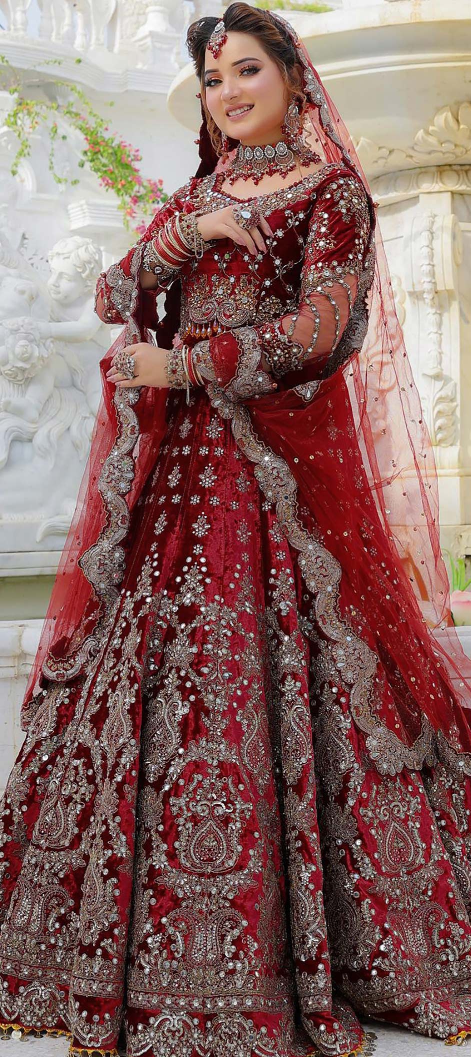 Grey and maroon bridal lehenga discount
