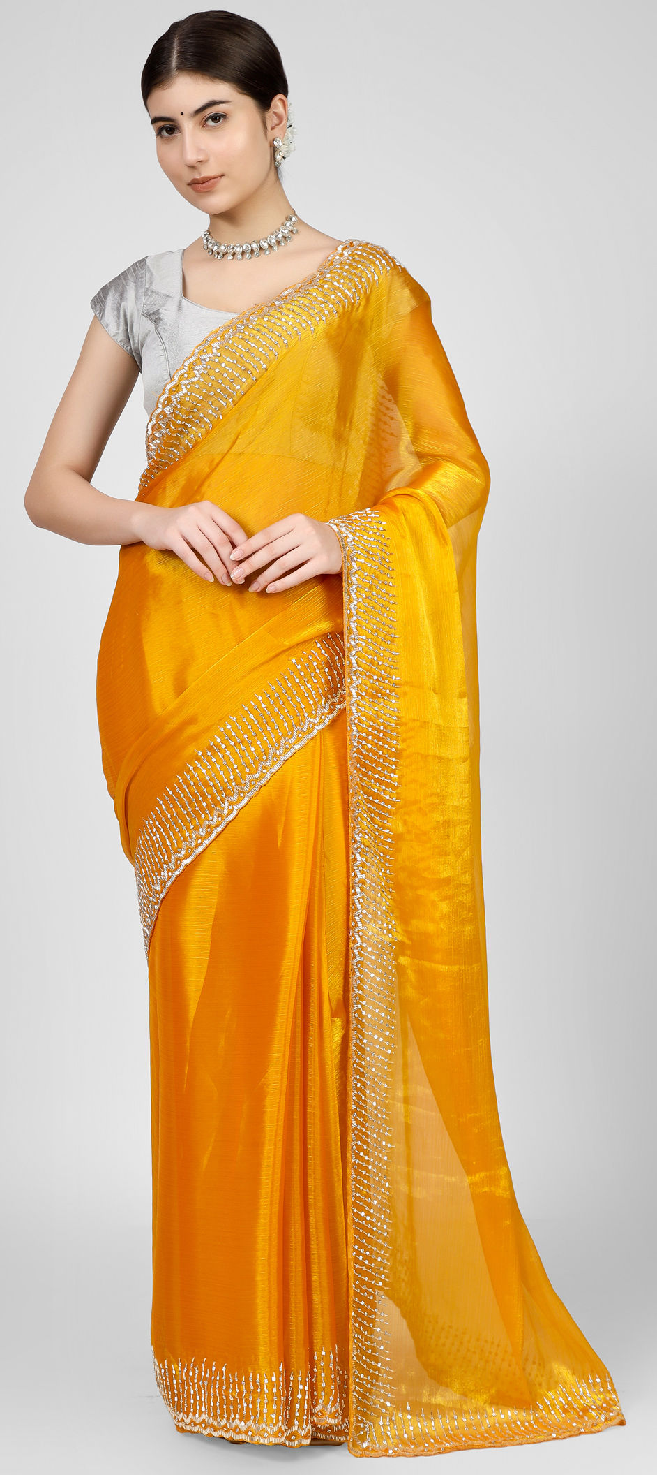 Buy Mustard Yellow Mirror Work Banarasi Silk Saree Online At Zeel Clothing