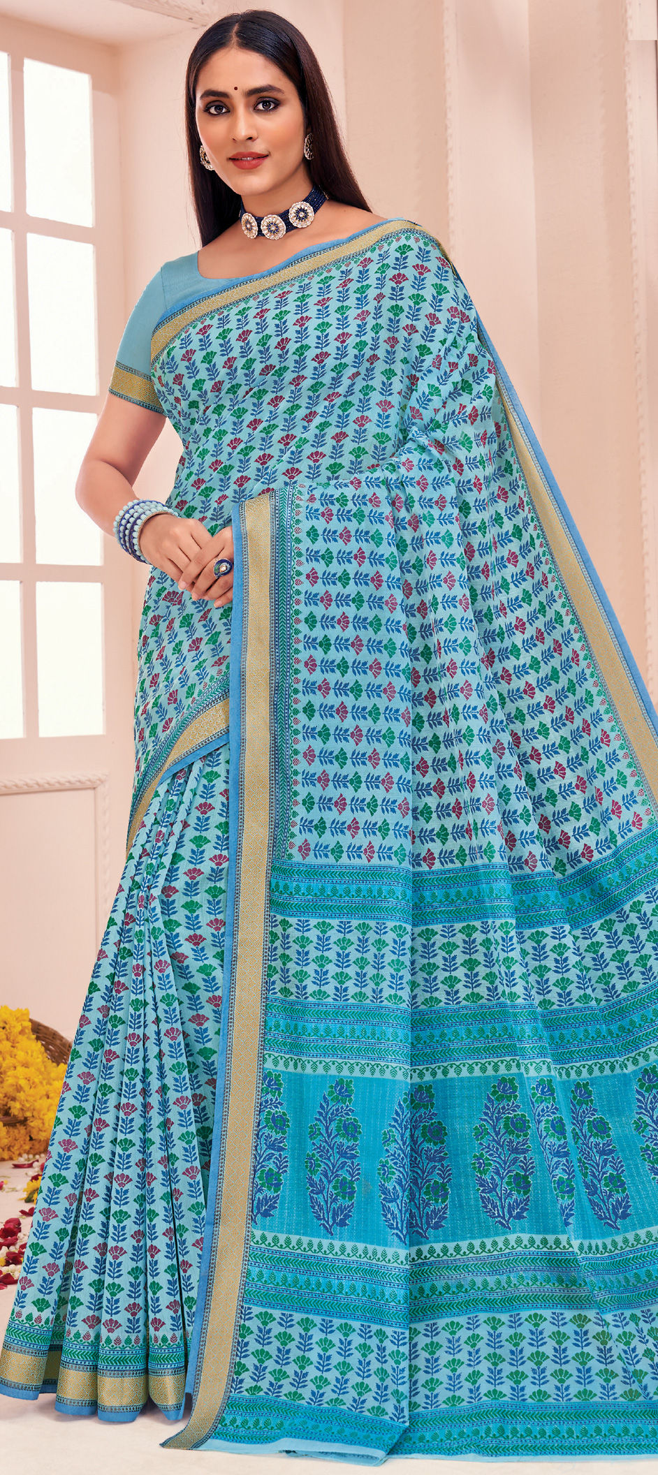 Aplik Work Cotton Saree Neavy blue- Khes Saree | Swastik Work