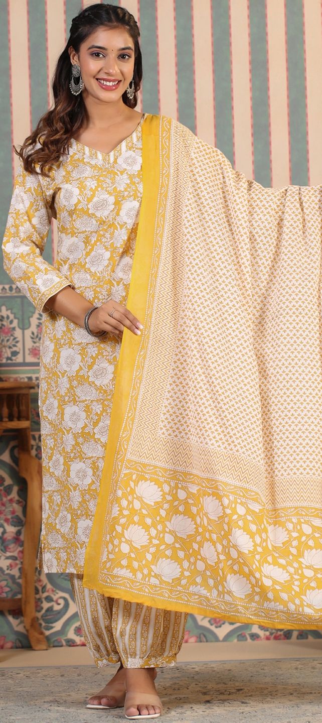 Party Wear, Summer White and Off White, Yellow color Cotton fabric ...
