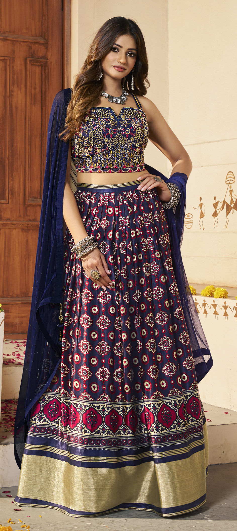 Maroon Blue Heavy Embroidered Velvet Lehenga Choli AA116