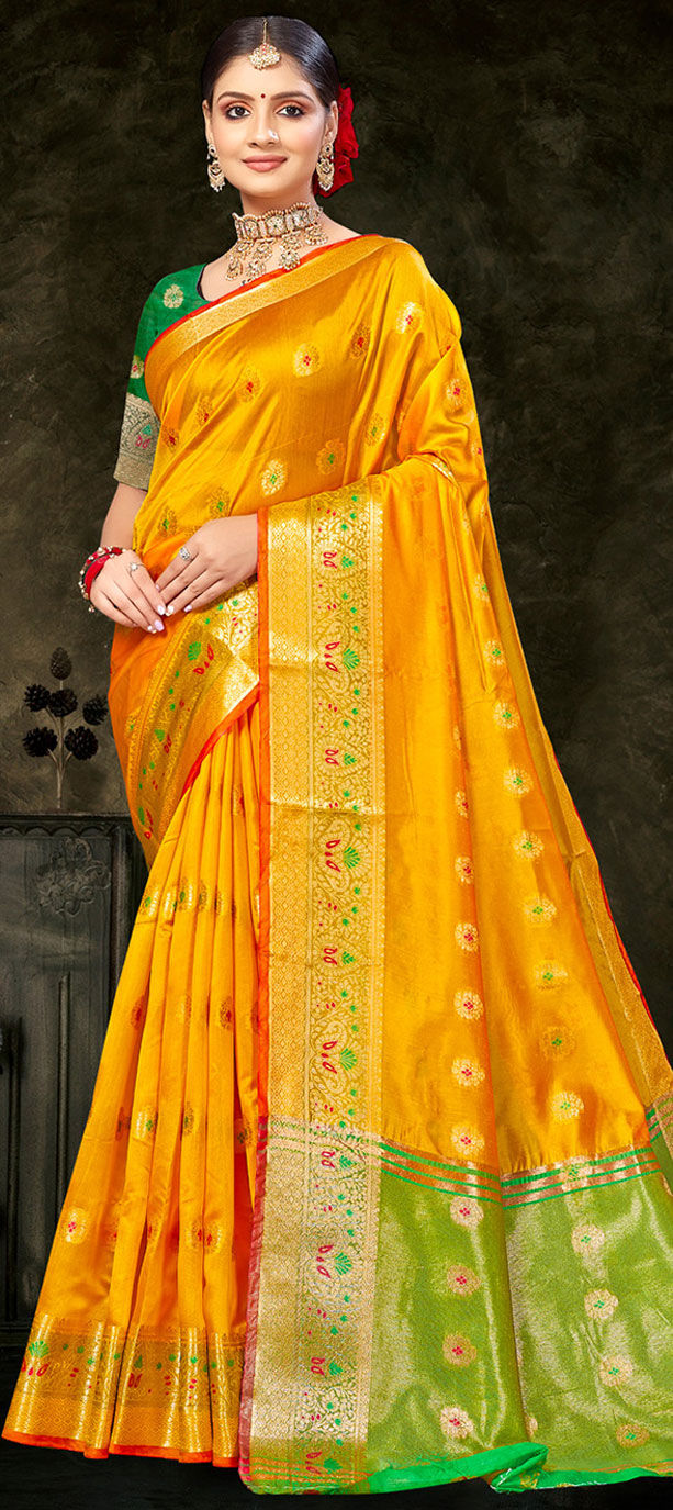 Yellow Applique vichitra silk Saree wedding sarees for women gifts Cotton  Slub Pure Pattu Sarees Bamboo