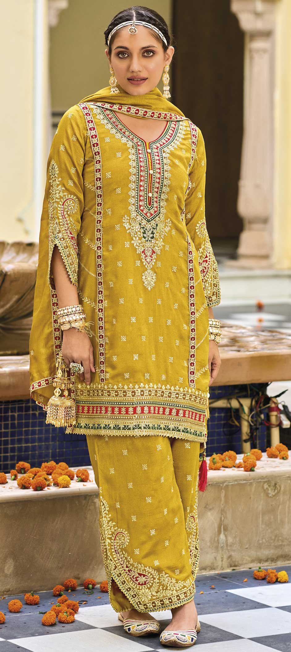 Yellow Pink Crepe Silk Premium 3 pcs Salwar set