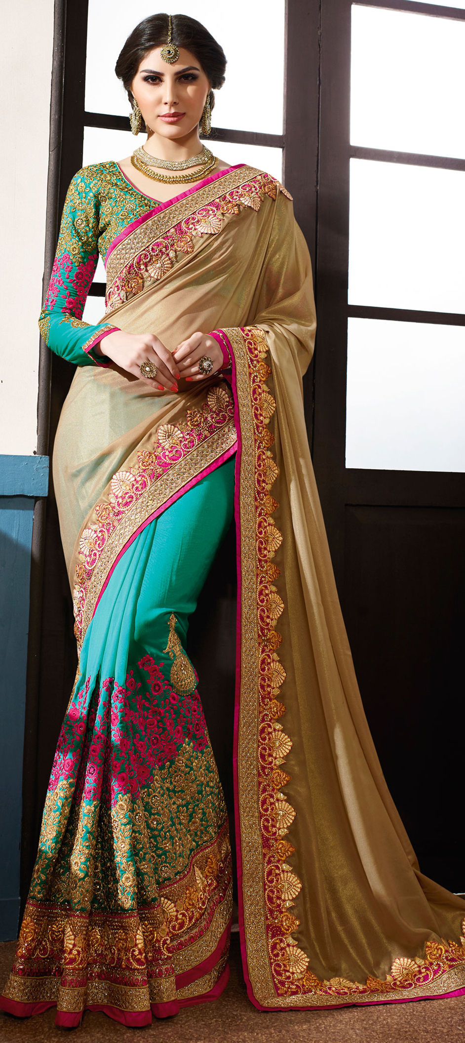 191018 Beige and Brown, Blue color family Bridal Wedding Sarees, Party