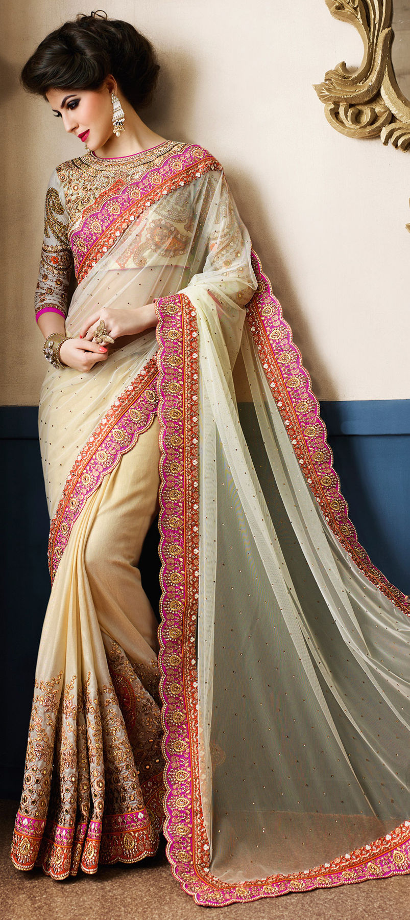 191019: Beige and Brown color family Bridal Wedding Sarees,Party Wear