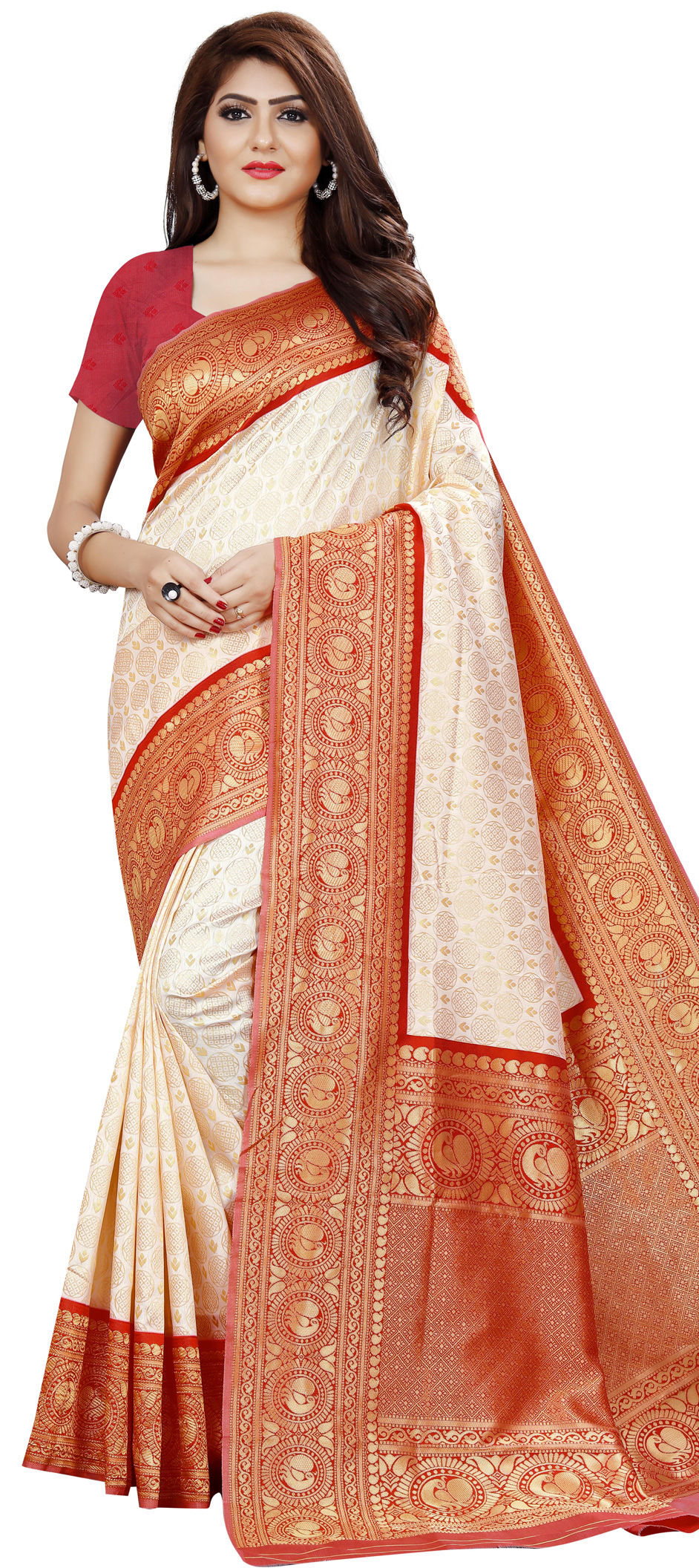 White Silk Saree With Red Banarasi Border | Drape Divaa