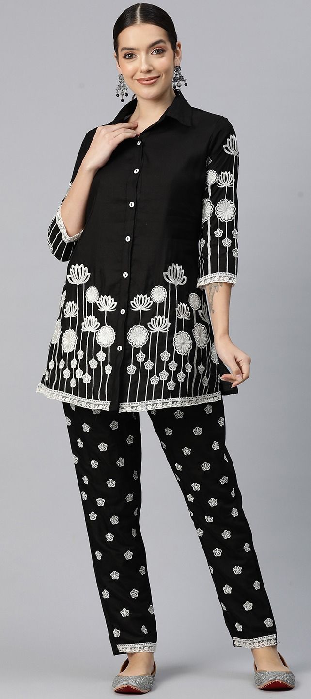 Black Angrakha Style Co-ord Set in Muslin with Sequins Work – Luxe Festive Wear main image 1