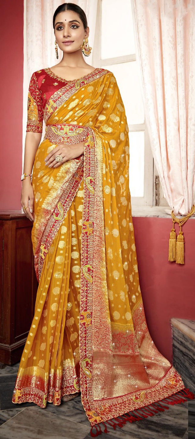 New Fancy Yellow Red Mix Party Wear Saree at Rs 745 | Fancy Sarees in Surat  | ID: 11383900412