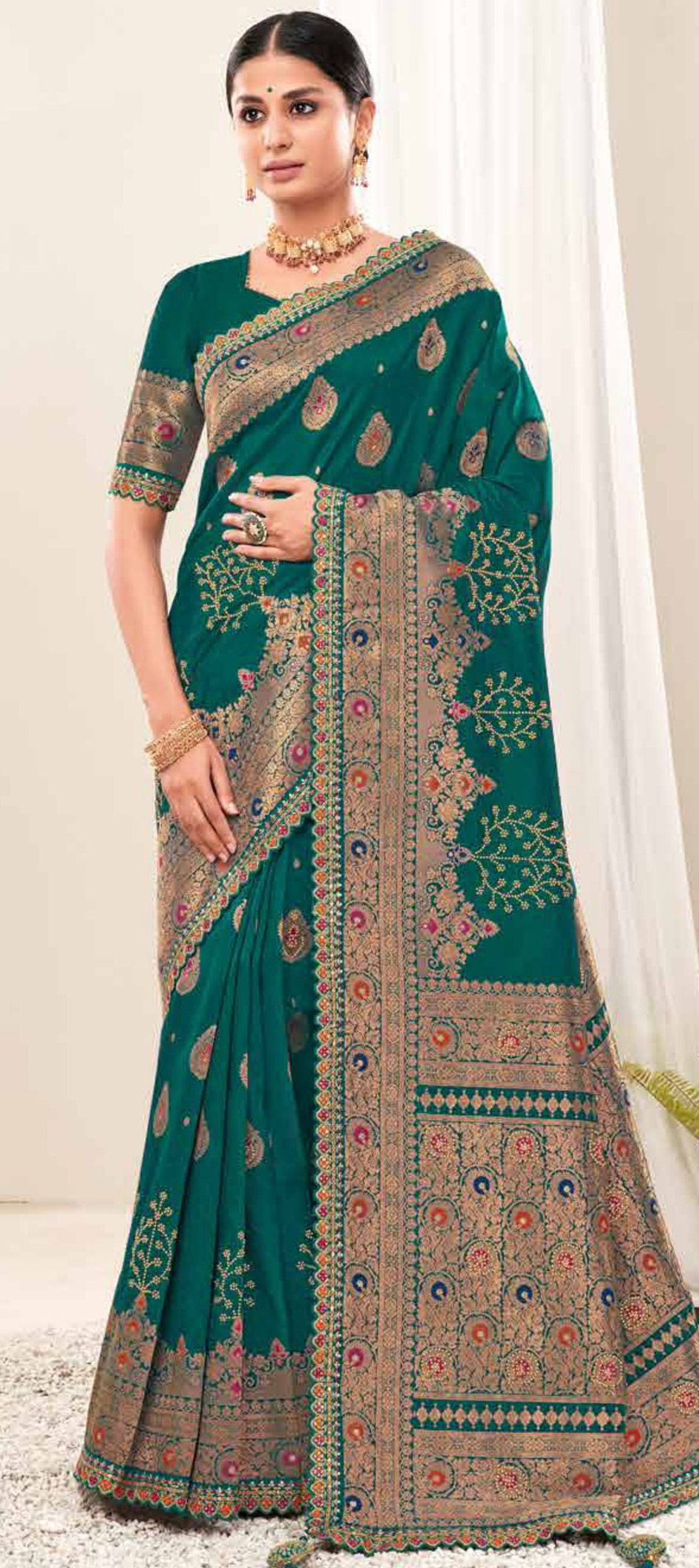 Peacock Green Stone and Zari Thread work Saree with Matching Unstitche –  Seasons Chennai