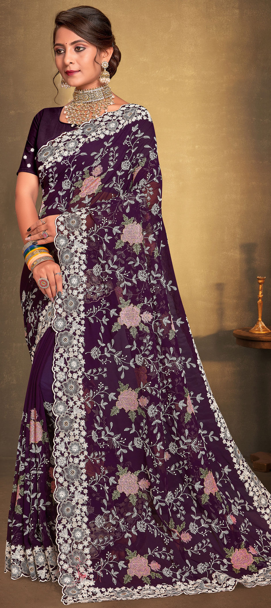 Lovely Violet Georgette Silk Embroidered Wedding Party Wear Saree