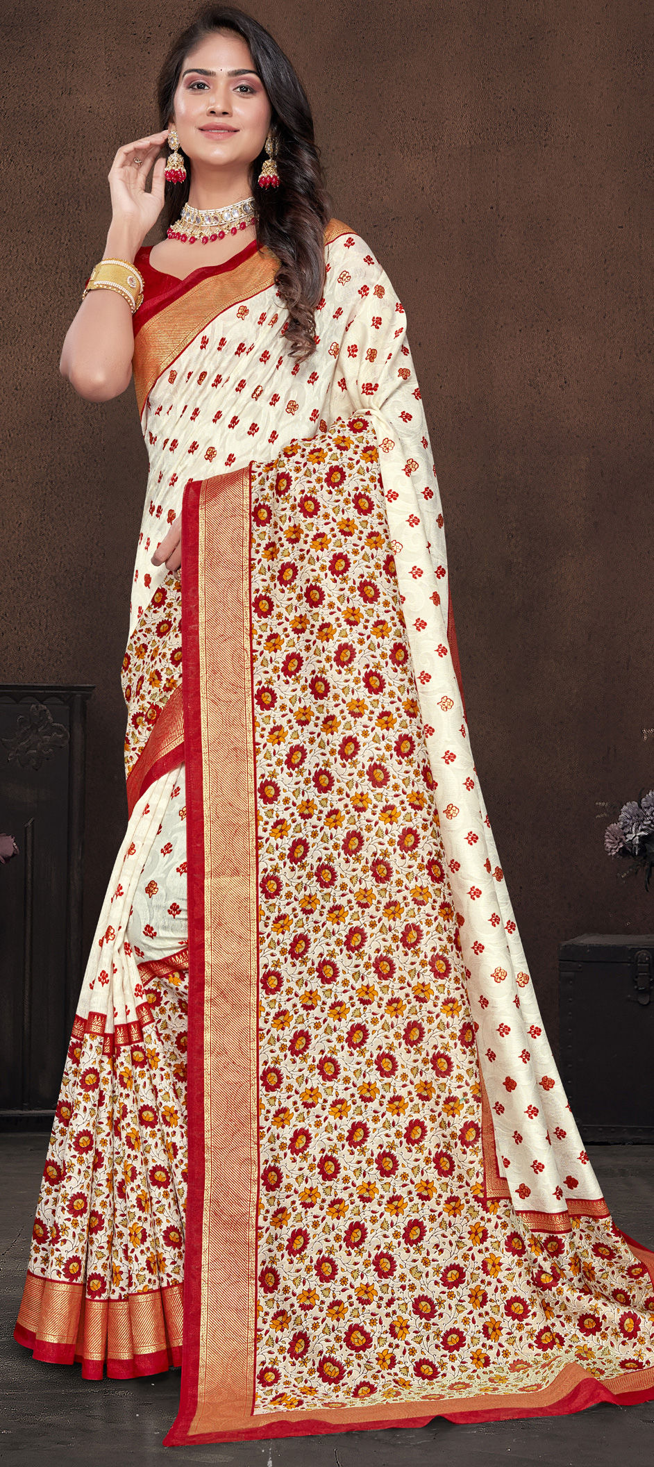 Designer Brasso Georgette Red Off white Border work Dupatta DUP01 main image 1