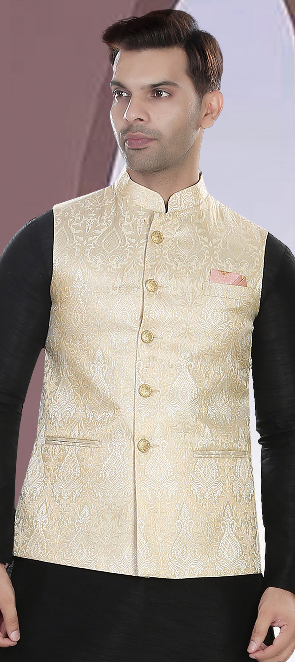 Parti Color Jacket Party Wear Beige and Brown color Jacquard fabric Nehru Jacket : 1911990