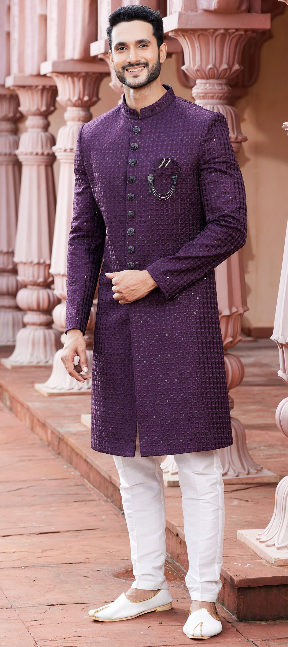 Wedding Pink and Majenta color Art Silk fabric Sherwani 1913536 - Main Image