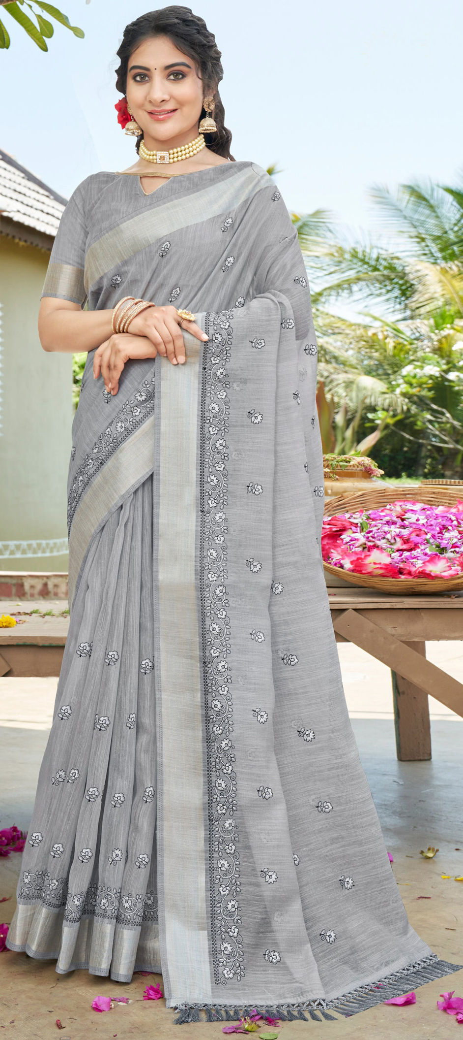 Black, Maroon and Grey Cotton Sari main image 1