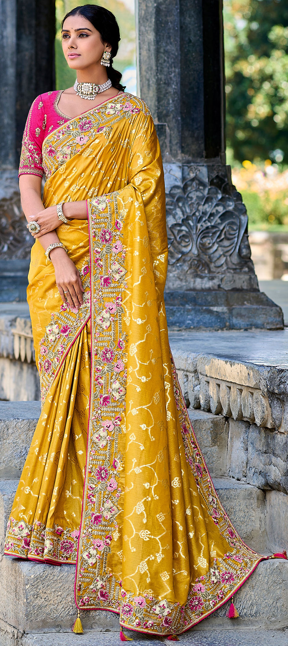 Reception, Traditional, Wedding Yellow color Banarasi Silk fabric
