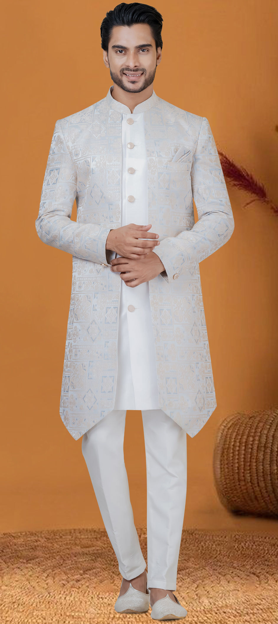 Party Wear Blue color Jacquard fabric IndoWestern Dress 1915646
