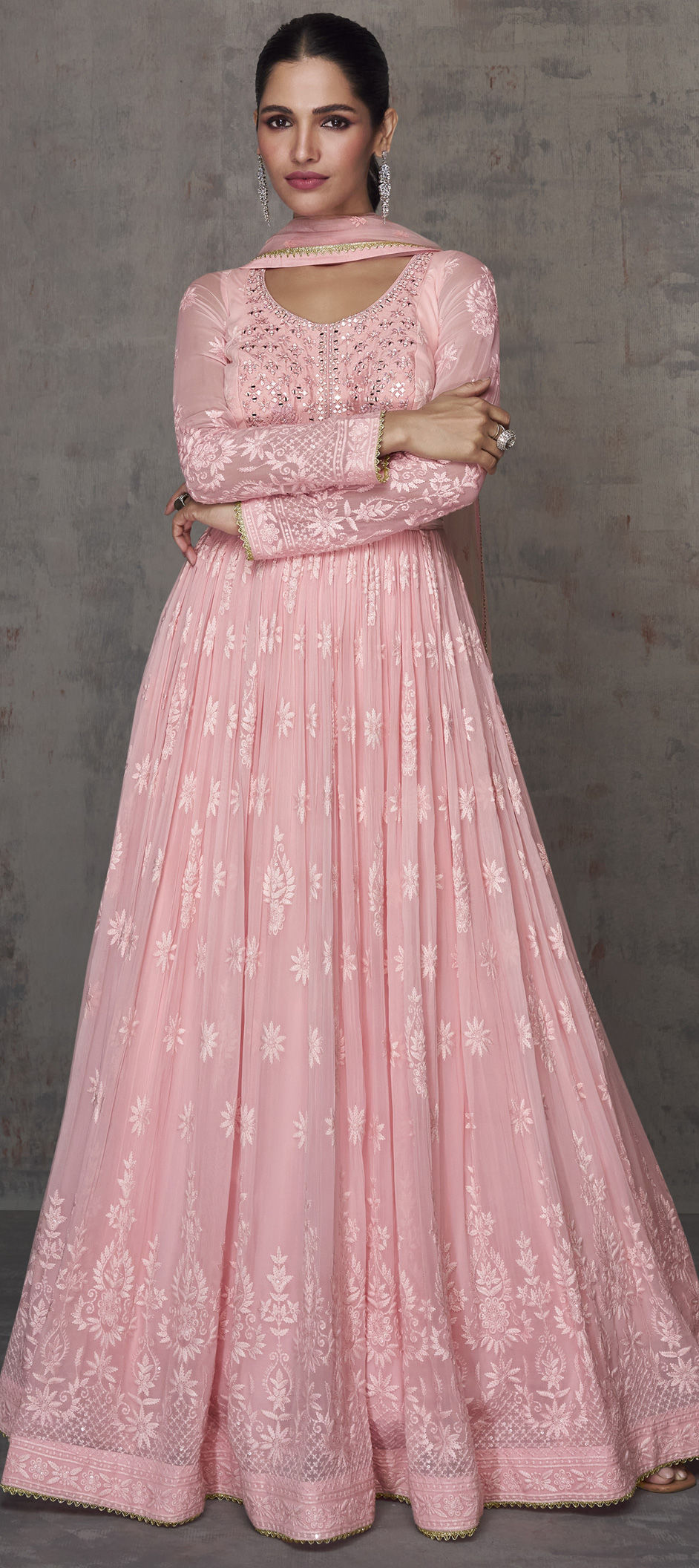 Pink Georgette Partywear Self Design Dresses