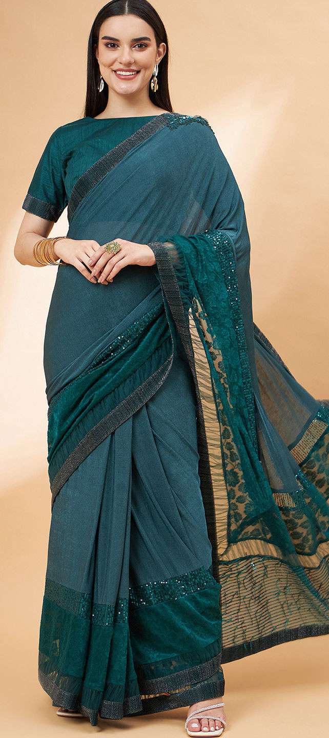 Bling Lycra Ruffled Saree with Festive Layering & Sequence Embroidery Patchwork