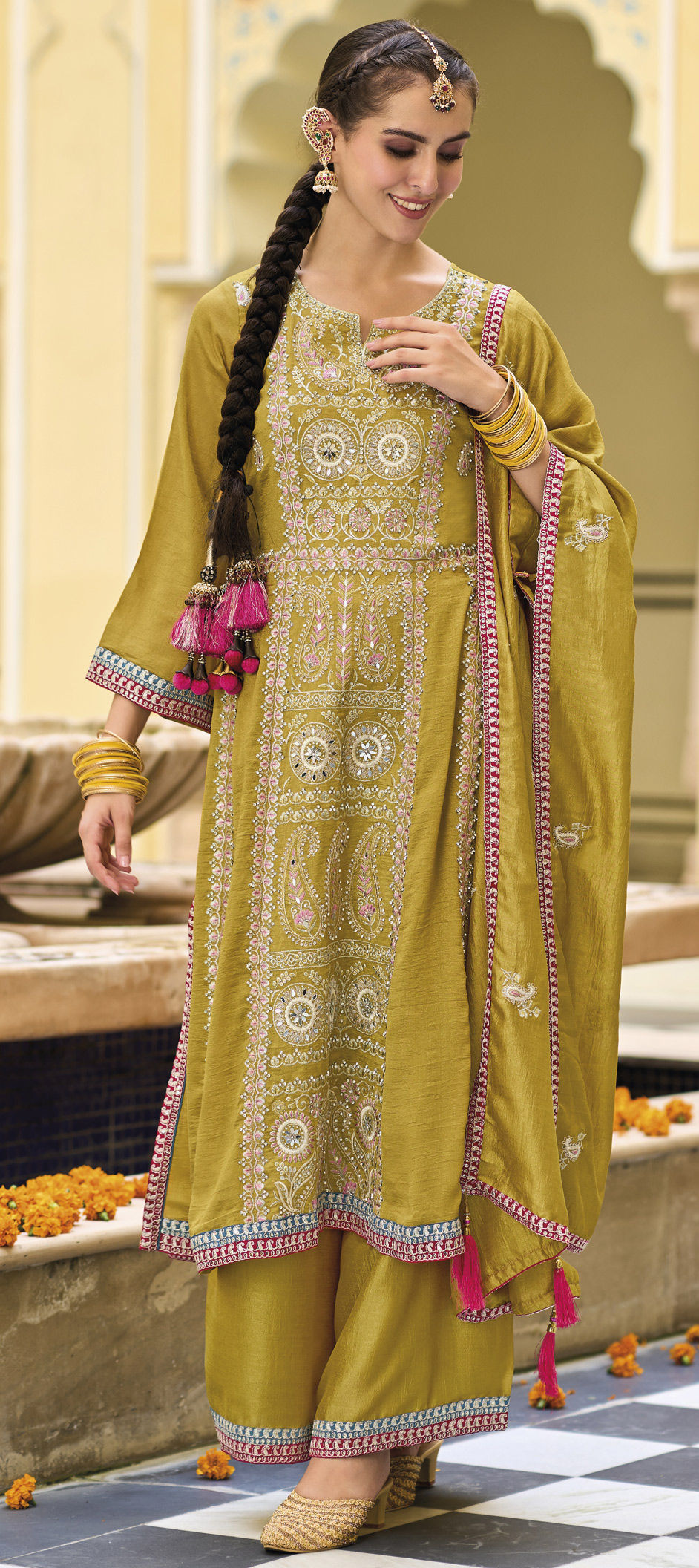 Gold Yellow Shimmer Silk Wedding Festive Salwar Kameez