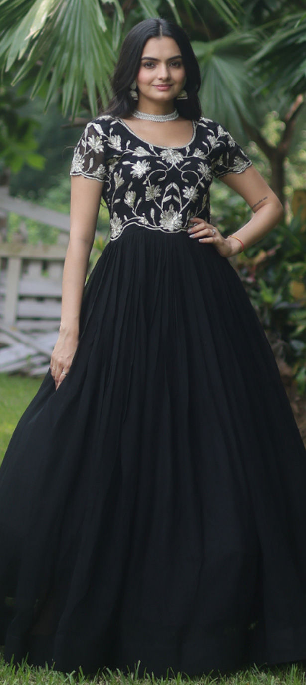 Embellished Black and Grey Stripe Gown