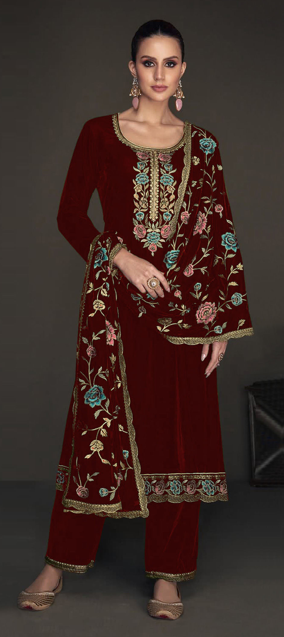 Elegant Maroon Velvet Designer Party Wear Readymade Salwar Suit With Maroon Velvet main image 0