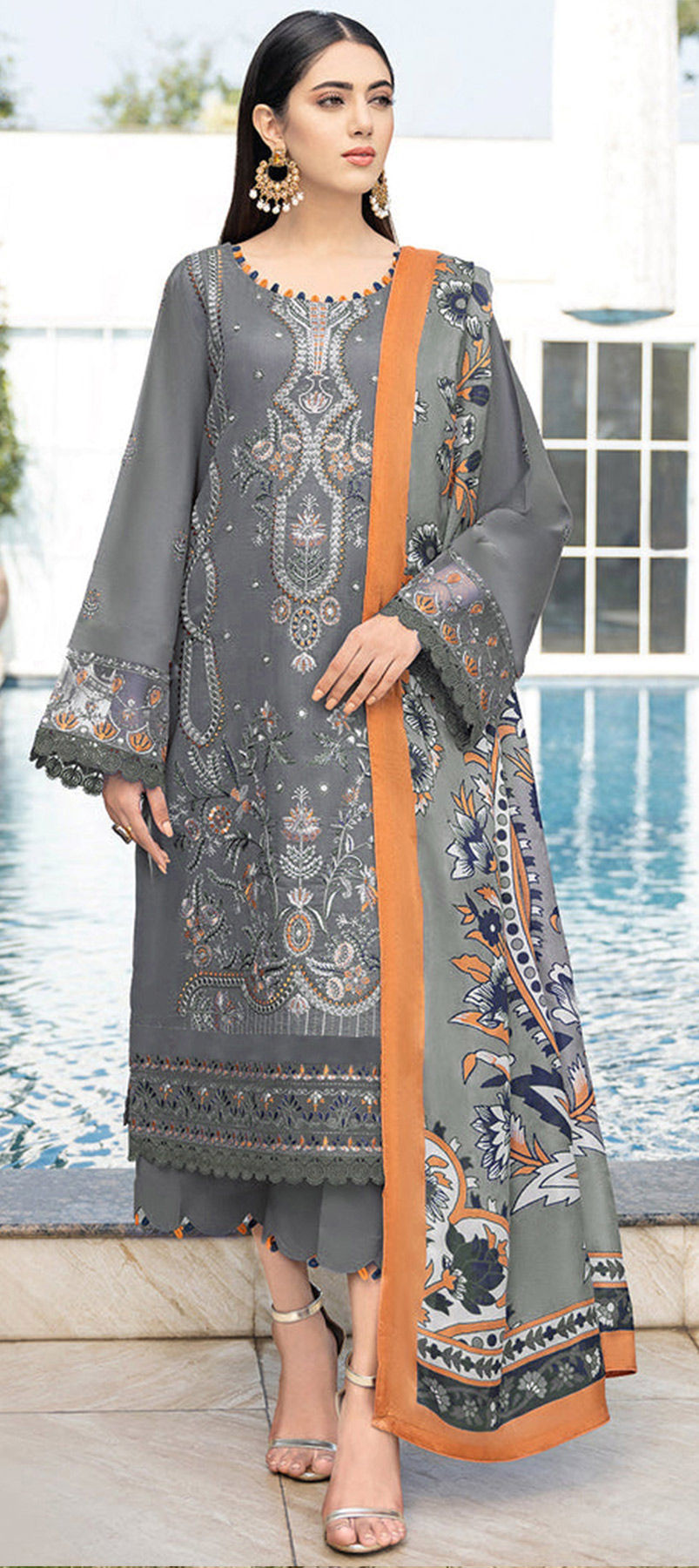 Festive, Party Wear, Reception Black and Grey color Cotton fabric