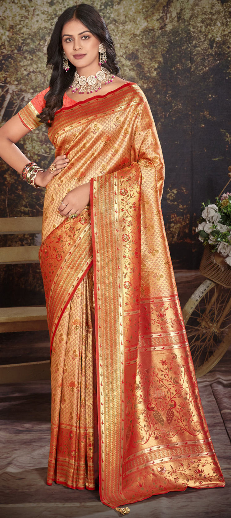 Festive, Traditional Beige and Brown, Orange color Kanjeevaram Silk