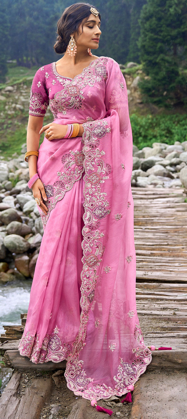 Bridal, Traditional, Wedding Pink and Majenta color Silk fabric