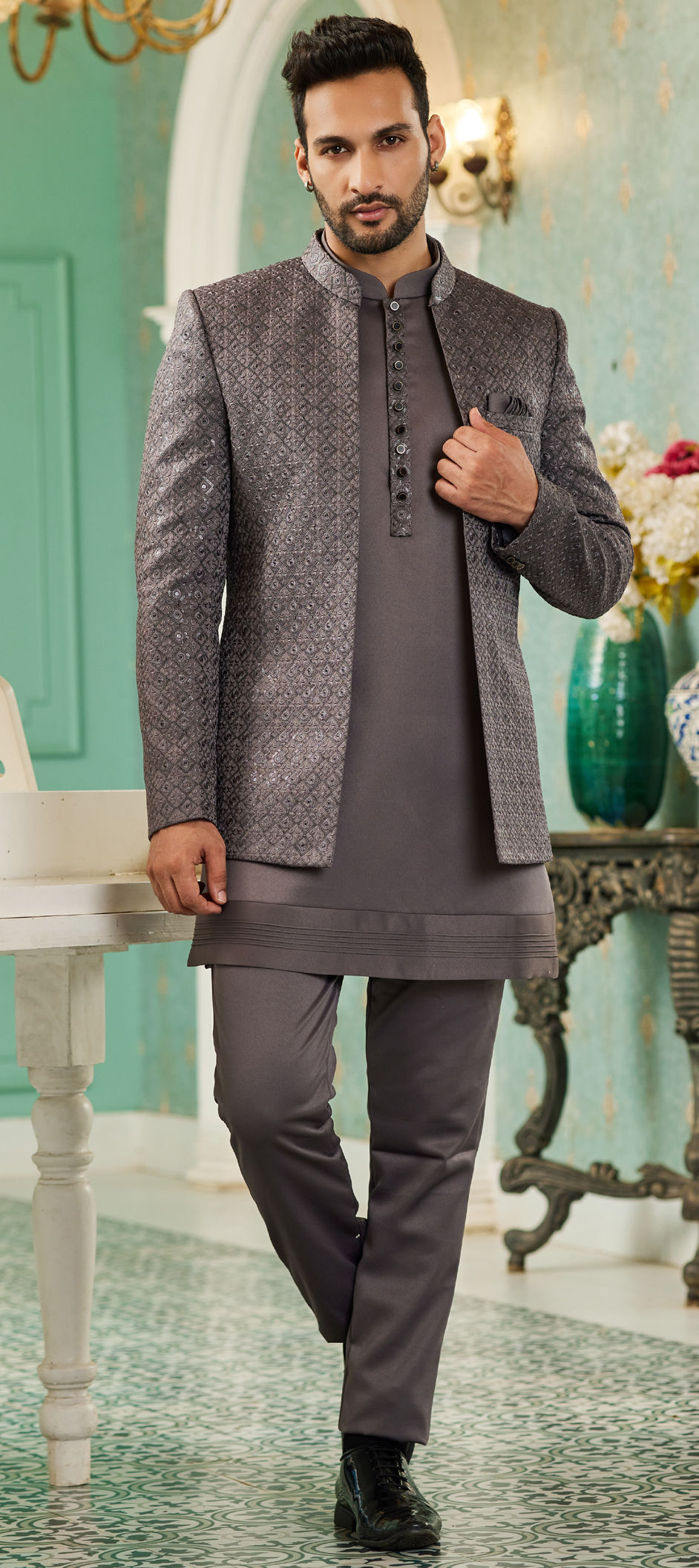 Art Silk Wedding Jodhpuri Suit in Purple and Violet with Thread Work Indian Dresses