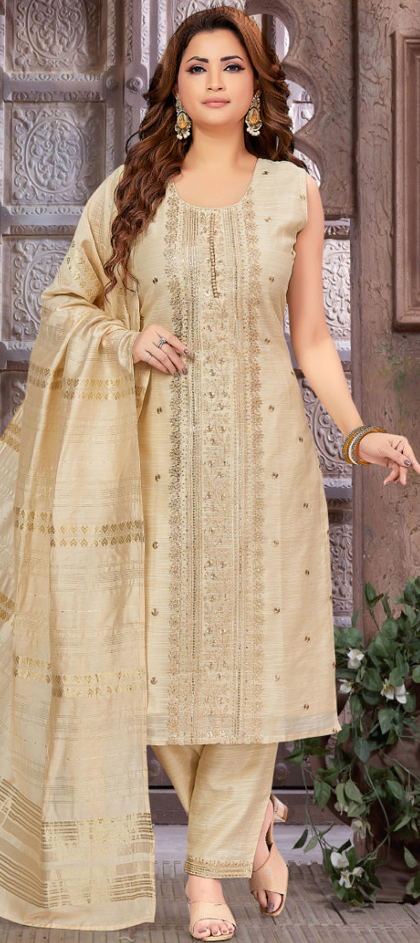 Ash Beige Cotton Embroidered Festive Salwar Suit